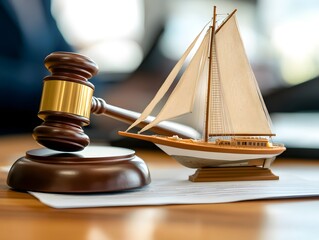 Wall Mural - Gavel, boat model and document on a desk blurred office background 