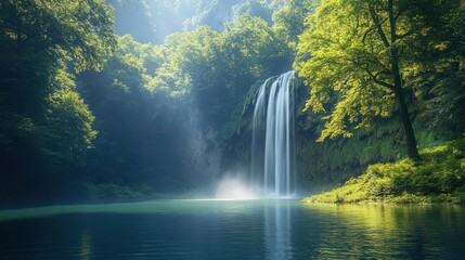 Sticker - Serene Waterfall in a Lush Forest