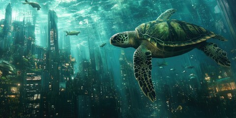 Wall Mural - A sea turtle swims above a flooded city.