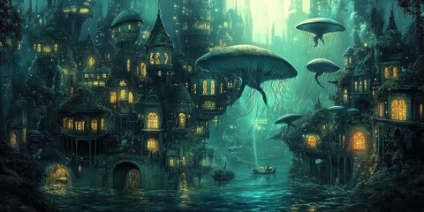 Wall Mural - Aquatic city with glowing windows and jellyfish.