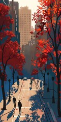 Poster - Autumn Cityscape with People Walking Through Red Trees