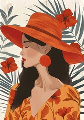 Wall Mural - Woman in Orange Hat with Tropical Plants Illustration