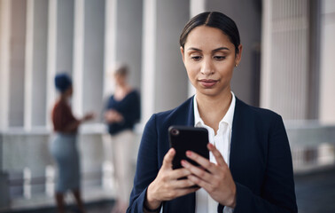 Fototapete - Woman, smartphone and notification in city for business, networking and app or website. Technology, corporate female person and online in street for connectivity, communication and email for work