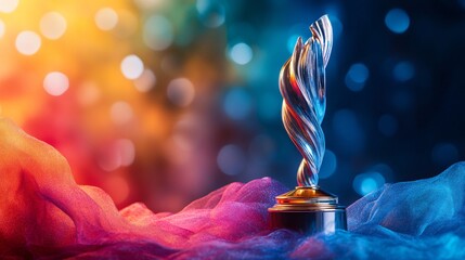 Trophy on a dynamic, colorful wave-patterned backdrop, emphasizing the excitement and achievement of the award.