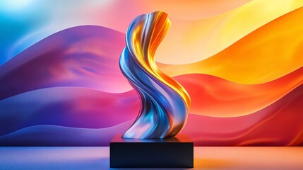 Wall Mural - Trophy on a dynamic, colorful wave-patterned backdrop, emphasizing the excitement and achievement of the award.