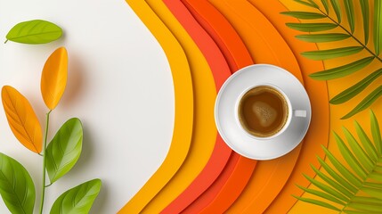 Poster - A cup of coffee is sitting on a table with a leafy green background. Concept of relaxation and enjoyment
