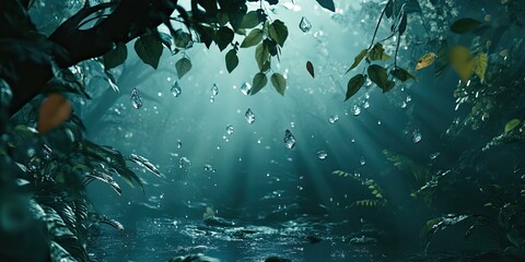 Wall Mural - Rain falling through leaves onto a stream.