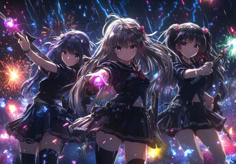 Wall Mural - Anime-style artwork depicting four female high school students in uniform with long hair, holding magical weapons and ready to fight.