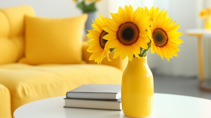 Wall Mural - A vase of sunflowers sits on a table next to a book. The vase is yellow and the sunflowers are bright. Concept of warmth and happiness. Vase with sunflowers and books on table in light living room