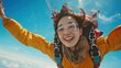 © Zahfran - Korean woman Skydiving Against a Bright Blue Sky. Freedom and Adventure. Extreme Sports, Travel