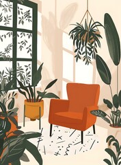 Wall Mural - Orange Armchair in a Sunny Living Room with Plants