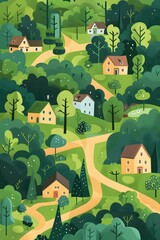 Green Landscape with Houses and Winding Road Illustration