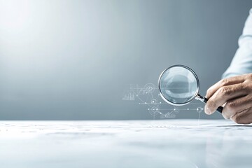 Poster - An investor reviews a portfolio of startups with a magnifying glass, carefully examining the potential risks and rewards. The image is set against a clean, minimalistic background, allowing for