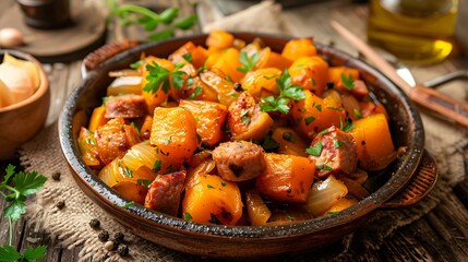 Wall Mural - A dish of squash onions and sausage a stew