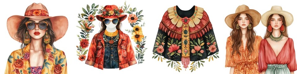 Set Boho Decor, Vibrant fashion illustrations featuring stylish women in floral outfits and trendy hats, For summer inspirations., Isolate white background collection