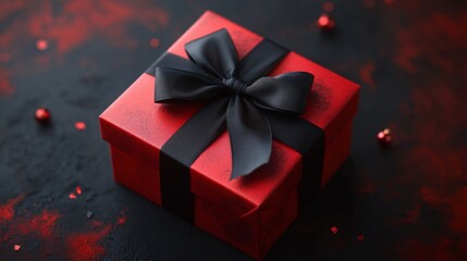 Wall Mural - Red gift box with a black ribbon, elegantly presented against a dark background, perfect for festive occasions.