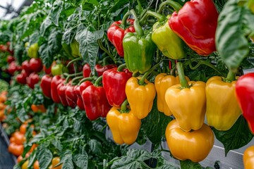 Hydroponic garden with a variety of peppers and tomatoes in a vertical setup. Grower managing light and nutrients, Generative AI