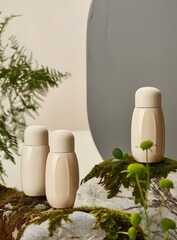 Canvas Print - Beige Ceramic Bottles On Rocks With Green Plants