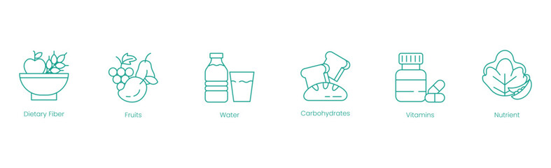 Canvas Print - Comprehensive Nutrition Vector Icons: Dietary Fiber, Fruits, Water, Carbohydrates, Vitamins, and Nutrition