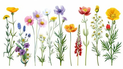 Wall Mural - Different beautiful flowers isolated on white, set