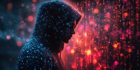 A man in a hoodie is standing in front of a glowing, colorful background