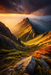 Wall Mural - breathtaking mountain peaks bathed vibrant sunrise hues showcasing majestic landscapes natural beauty, altitude, view, scenery, summit, sky, cloud, light