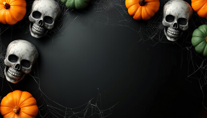 Wall Mural - Black Halloween background with skulls, green and orange pumpkins and spiderweb, top view, copy space