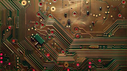 Poster - High-Resolution Close-Up of Circuit Board with Green Traces and Red Components for Technology and Electronics