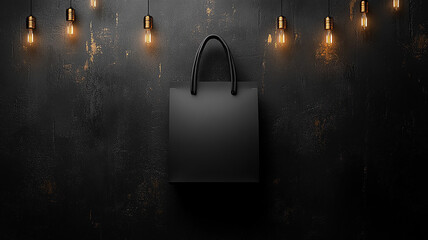 Top view of a black paper bag on a black background, suitable for Black Friday promotions, flat vector illustration.