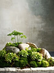 Wall Mural - Green Moss and Stones with Plants on White Table