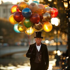 Poster - A man in a top hat holds a bunch of colorful balloons. AI.