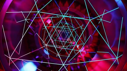 Wall Mural - Abstract background 3D animation moving through shiny glass metal and neon lights tunnel, loop