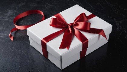 A white gift box tied with a red ribbon sits elegantly on a dark surface, ready for presentation.