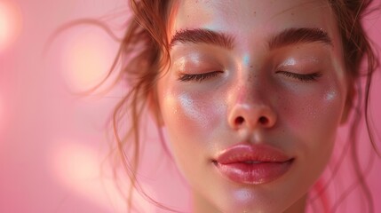 Beautiful young woman face with closed eyes on pastel pink glowing background. Beauty skin care make up cosmetics concept banner