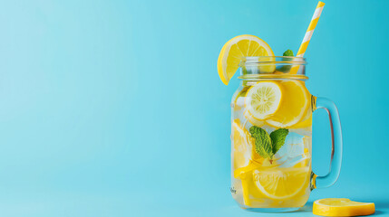 Wall Mural - Lemonade on blue background close up. Summer drinks and vacation concept. Sunny day shadows, copy space