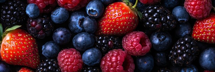 Vibrant Mix of Fresh Berries: Strawberries, Blueberries, Raspberries, and Blackberries. Background