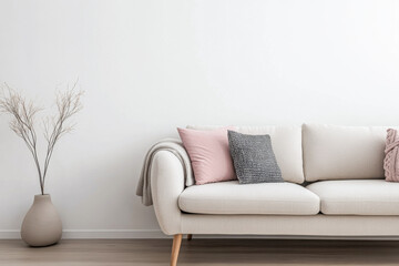 Minimalist living room interiors with a sofa, a rug and elegant decor next to a large window. Residential Real Estate interior design in soft tones.