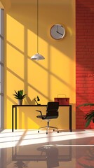 Wall Mural - Minimalist Office Desk with Red Brick Wall