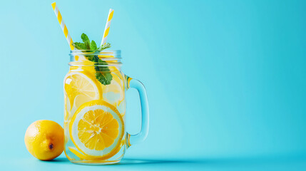 Wall Mural - Lemonade on blue background close up. Summer drinks and vacation concept. Sunny day shadows, copy space