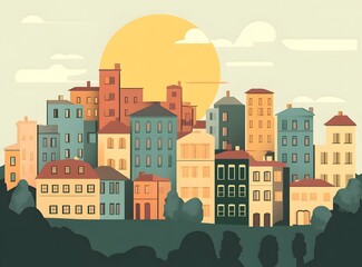 Colorful Illustration of European Town Skyline