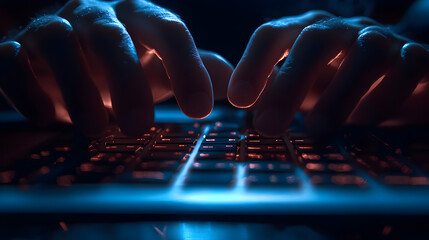 Illuminated Keyboard Close Up in Dark Digital Workspace
