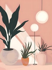 Wall Mural - Minimalist Illustration with Pink Background and Indoor Plants