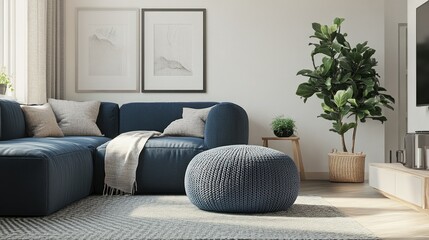 Contemporary Scandinavian living room, featuring two textured knitted poufs near a dark blue corner sofa, with a focus on simple, stylish decor.