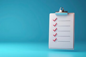 3d white clipboard task management todo check list on blue background, efficient work on project pla
