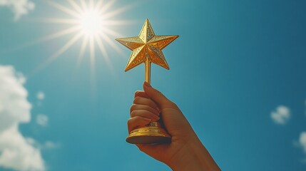 Victorious hand lifting a sparkling gold star trophy against a sunny blue sky, embodying success and celebration.