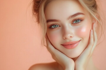 Skincare and beauty portrait. A Caucasian woman with beautiful face touching healthy facial skin. Young adult smiling girl model with natural makeup touching glowing hydrated skin, peach background. 