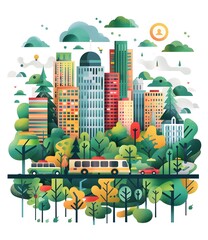 Poster - Cityscape Illustration with Green Trees and Buildings