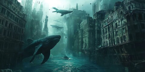 Wall Mural - A city submerged underwater with whales swimming.