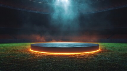 Wall Mural - Illuminated podium on a soccer field, with a spotlight creating a dramatic effect, highlighting a moment of success.