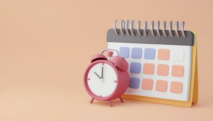 A pink alarm clock next to a colorful calendar on a soft peach background, symbolizing organization and time management.